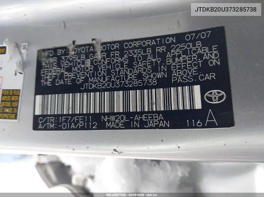 JTDKB20U373285738 2007 Toyota Prius