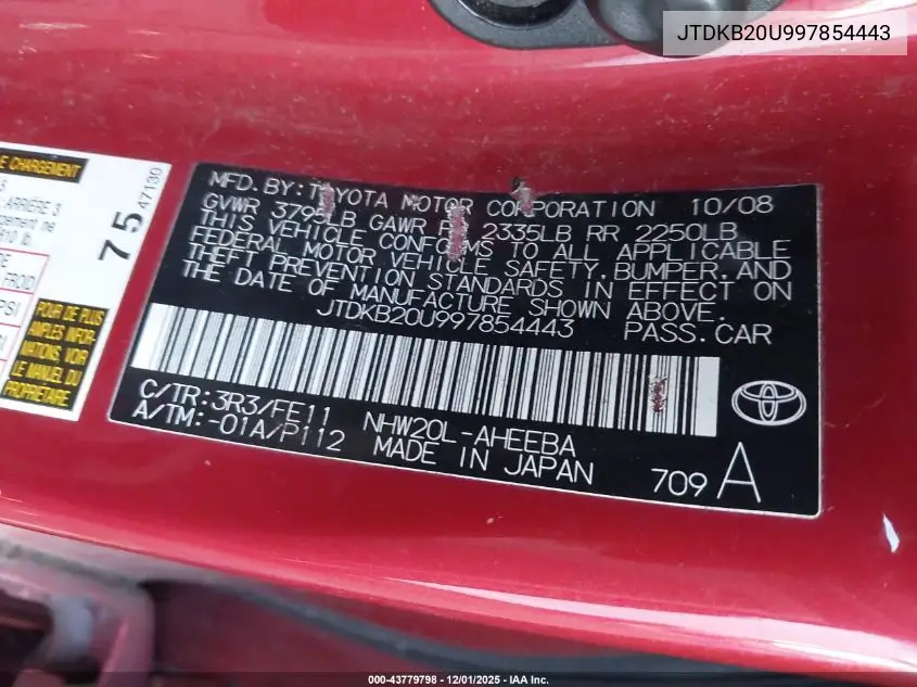 JTDKB20U997854443 2009 Toyota Prius