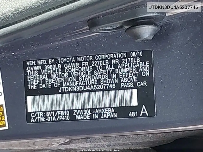 JTDKN3DU4A5207746 2010 Toyota Prius Ii
