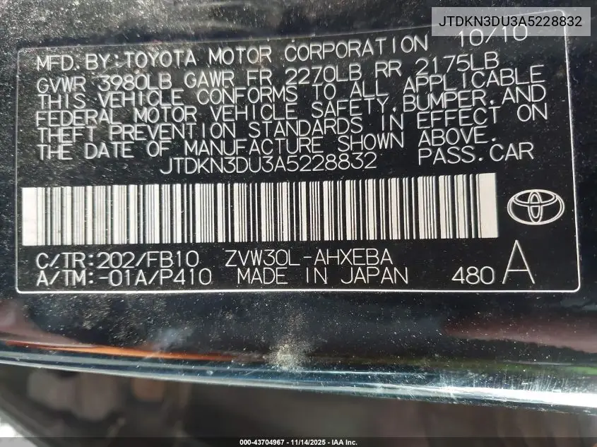 JTDKN3DU3A5228832 2010 Toyota Prius Iii