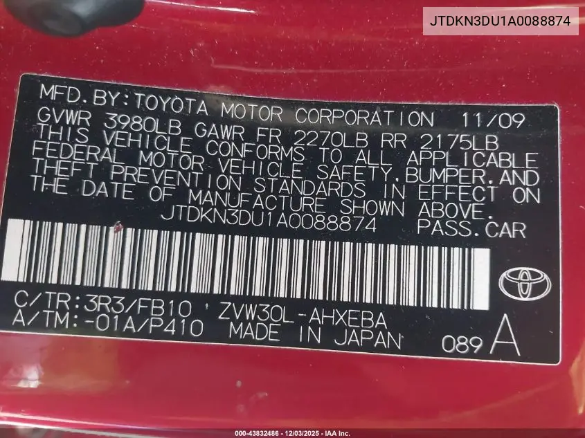 JTDKN3DU1A0088874 2010 Toyota Prius Iii