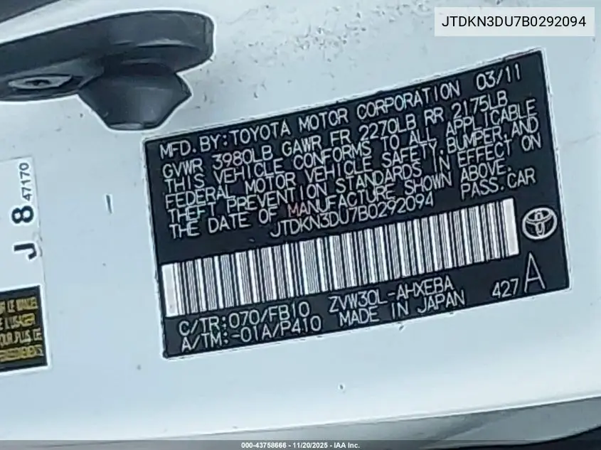 JTDKN3DU7B0292094 2011 Toyota Prius Three