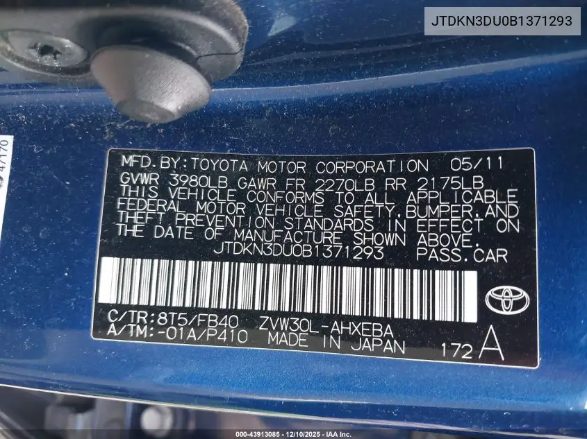 JTDKN3DU0B1371293 2011 Toyota Prius Two