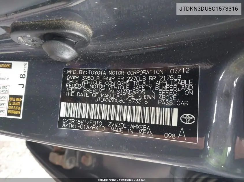 JTDKN3DU8C1573316 2012 Toyota Prius
