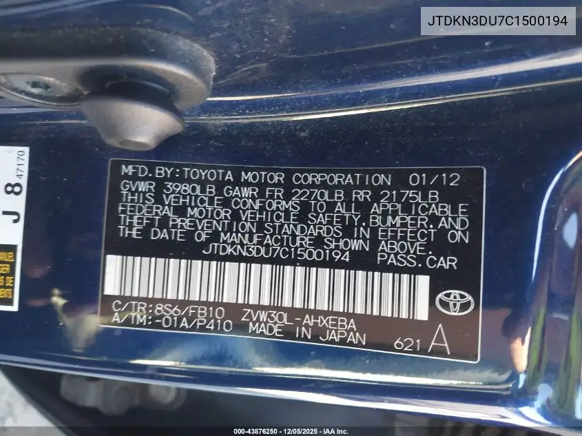 JTDKN3DU7C1500194 2012 Toyota Prius Two