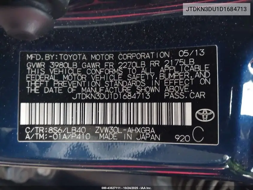 JTDKN3DU1D1684713 2013 Toyota Prius