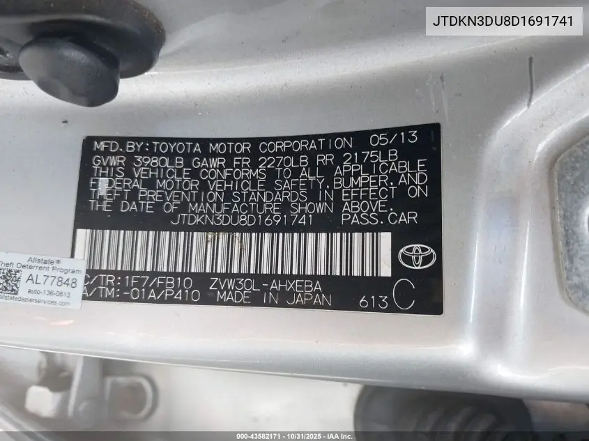 JTDKN3DU8D1691741 2013 Toyota Prius Three