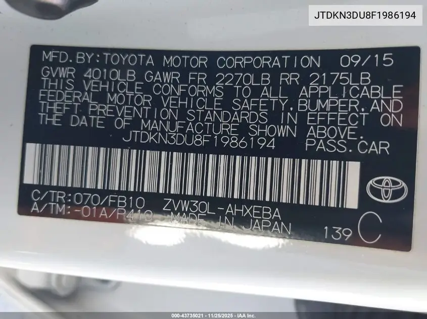 JTDKN3DU8F1986194 2015 Toyota Prius Two