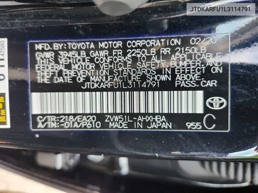 JTDKARFU1L3114791 2020 Toyota Prius Xle