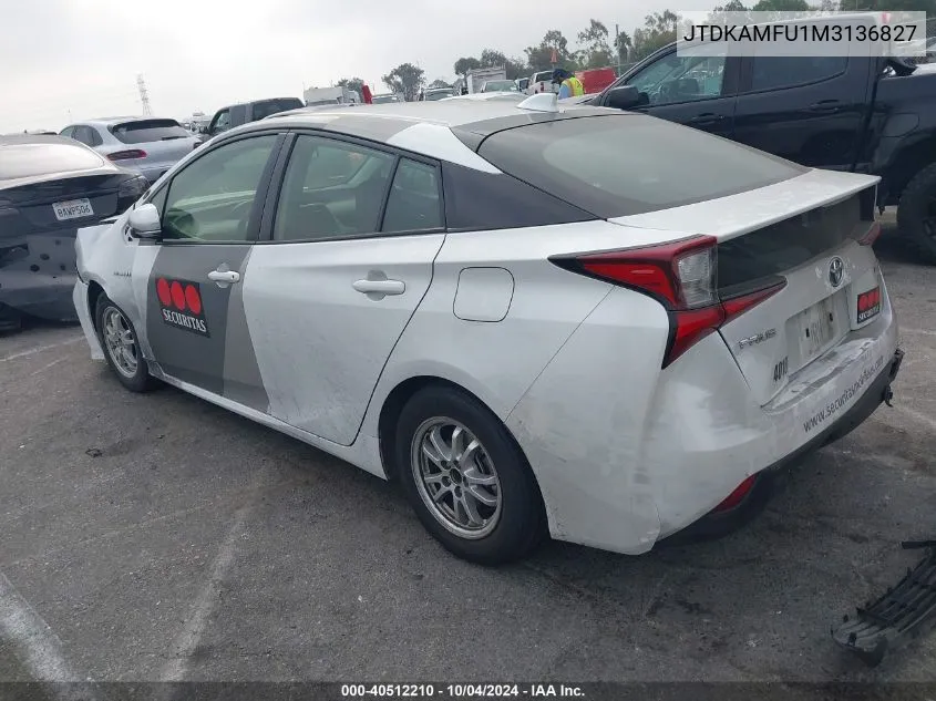 JTDKAMFU1M3136827 2021 Toyota Prius L Eco