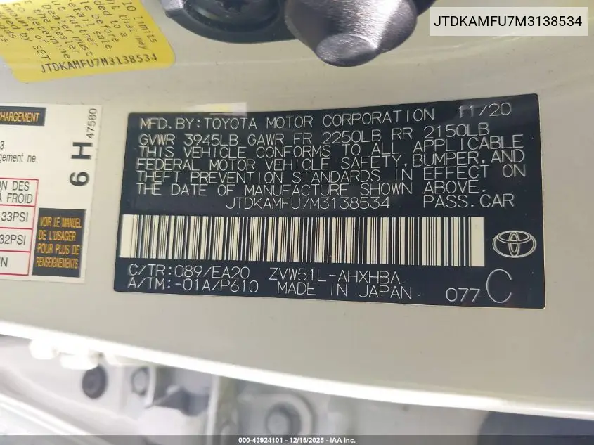JTDKAMFU7M3138534 2021 Toyota Prius Xle