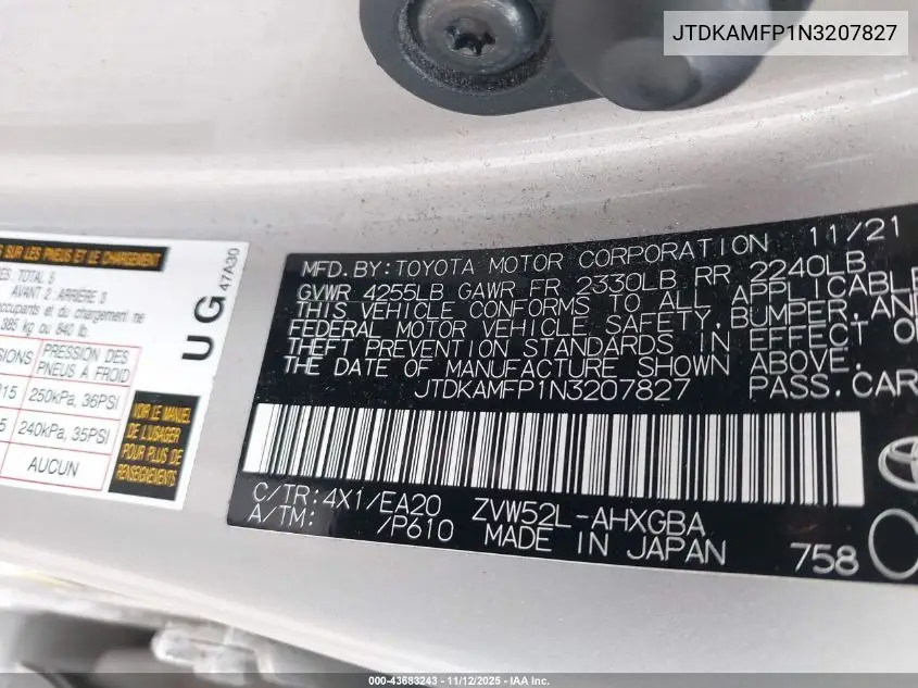 JTDKAMFP1N3207827 2022 Toyota Prius Prime Xle