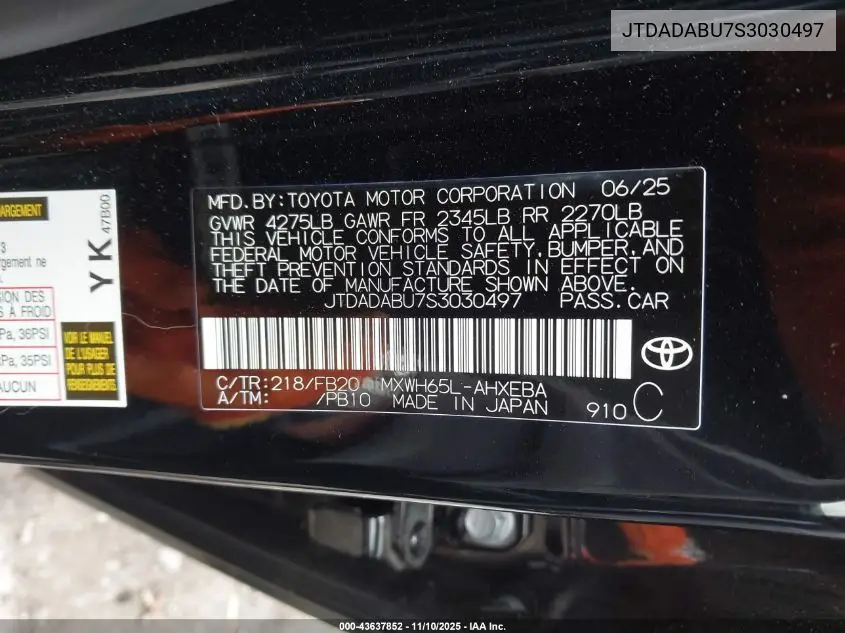 JTDADABU7S3030497 2025 Toyota Prius Le Awd-E