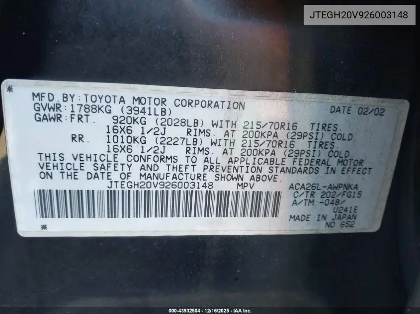 JTEGH20V926003148 2002 Toyota Rav4