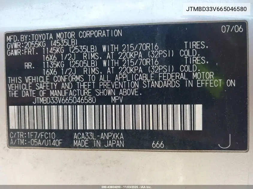 JTMBD33V665046580 2006 Toyota Rav4