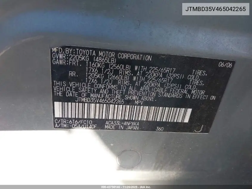 JTMBD35V465042265 2006 Toyota Rav4