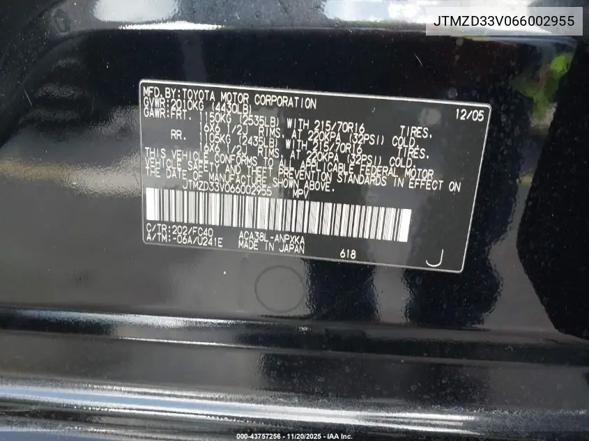 JTMZD33V066002955 2006 Toyota Rav4