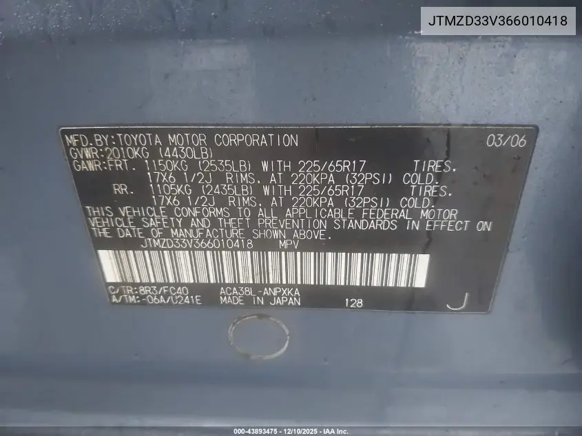 JTMZD33V366010418 2006 Toyota Rav4