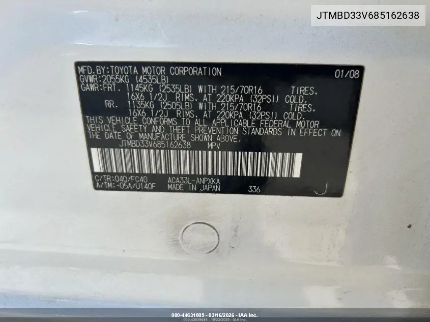 JTMBD33V685162638 2008 Toyota Rav4