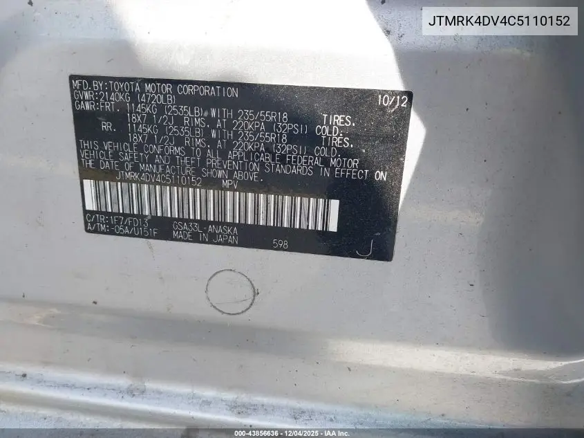 JTMRK4DV4C5110152 2012 Toyota Rav4 Sport V6