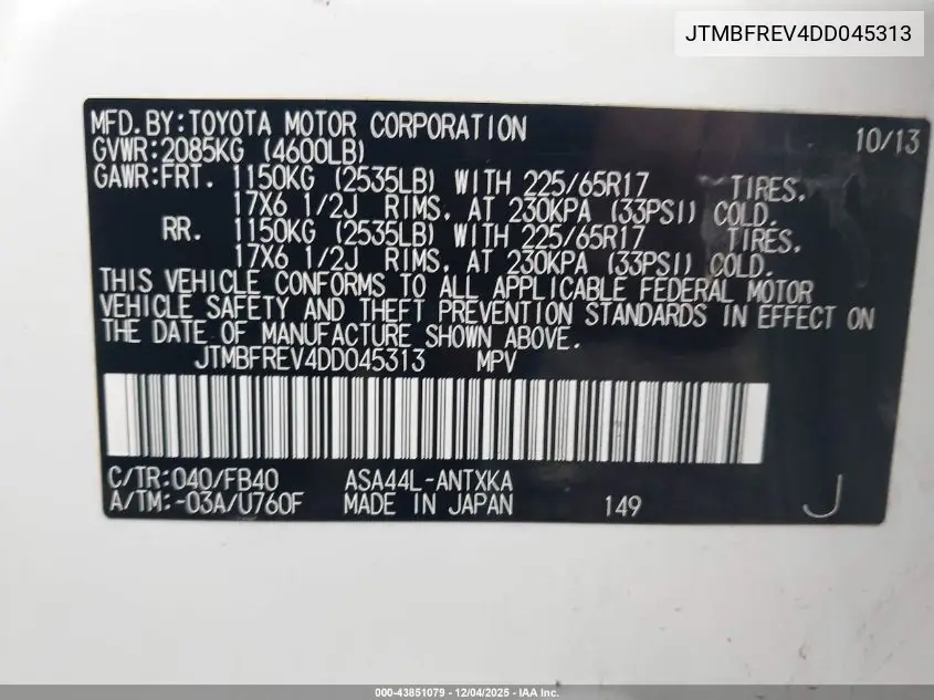 JTMBFREV4DD045313 2013 Toyota Rav4 Le