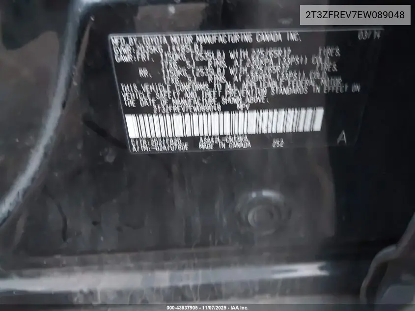 2T3ZFREV7EW089048 2014 Toyota Rav4 Le