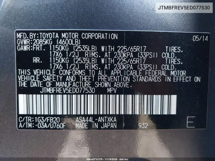 JTMBFREV5ED077530 2014 Toyota Rav4 Le