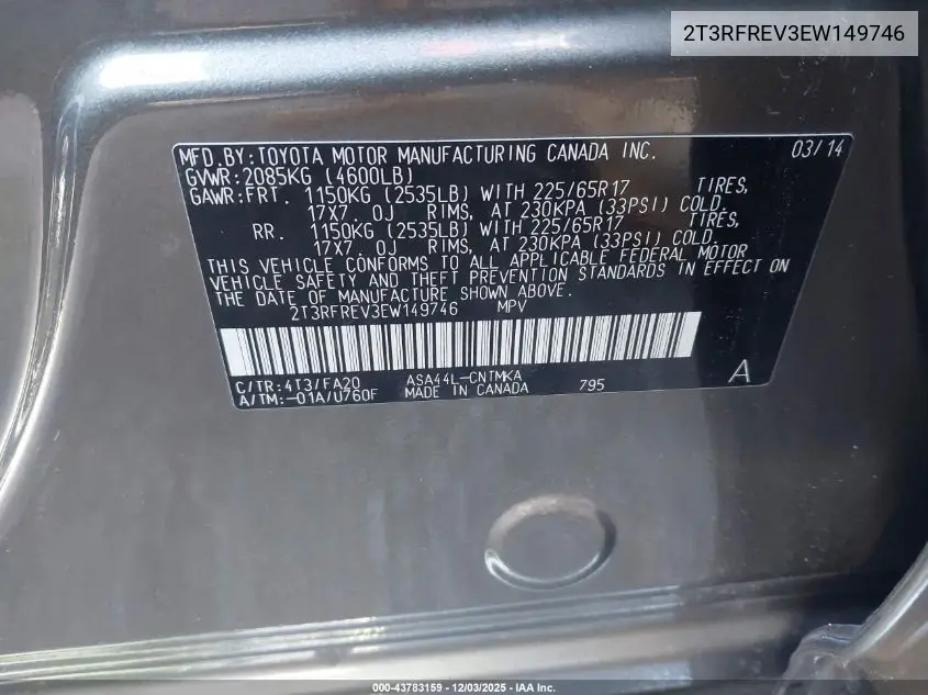 2T3RFREV3EW149746 2014 Toyota Rav4 Xle