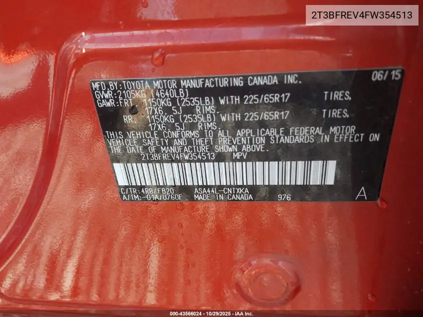 2T3BFREV4FW354513 2015 Toyota Rav4 Le