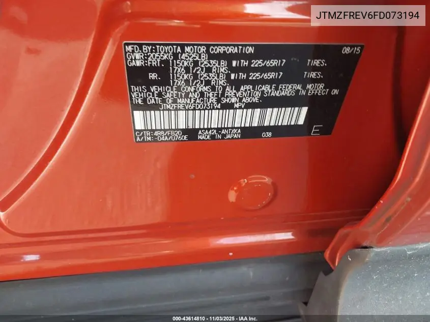 JTMZFREV6FD073194 2015 Toyota Rav4 Le