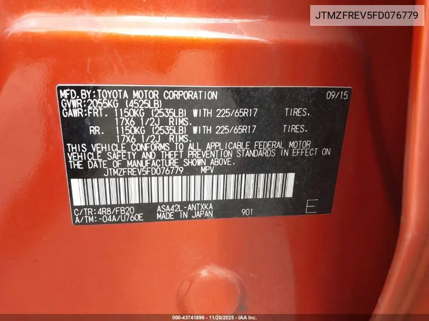JTMZFREV5FD076779 2015 Toyota Rav4 Le