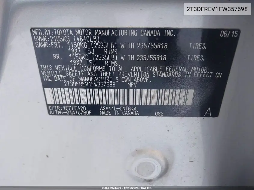 2T3DFREV1FW357698 2015 Toyota Rav4 Limited