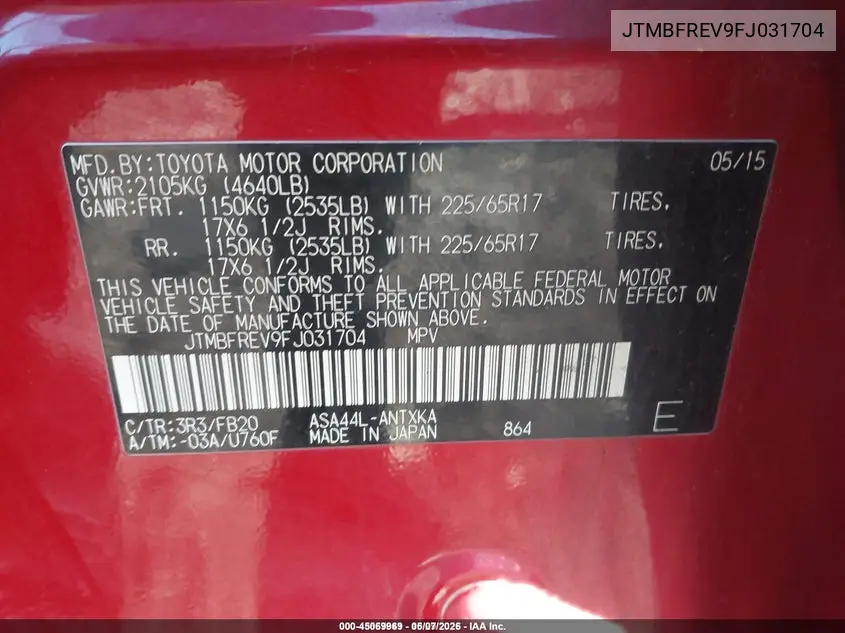 JTMBFREV9FJ031704 2015 Toyota Rav4 Le