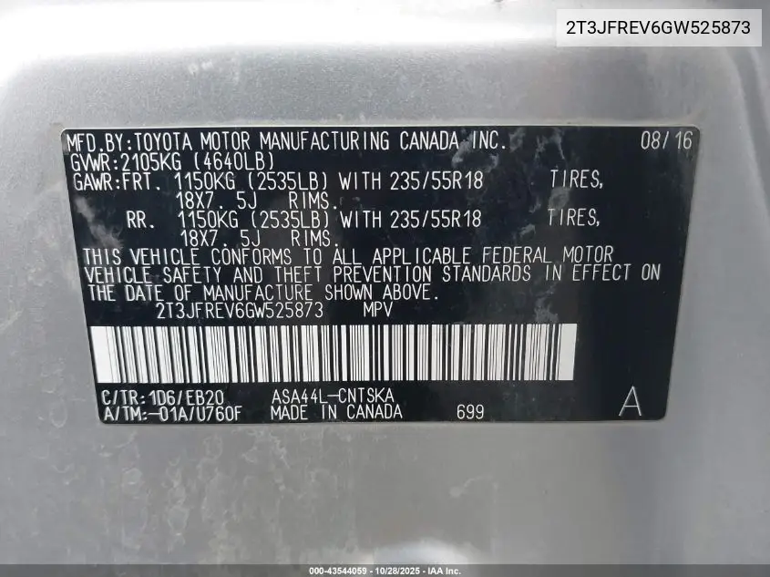 2T3JFREV6GW525873 2016 Toyota Rav4 Se