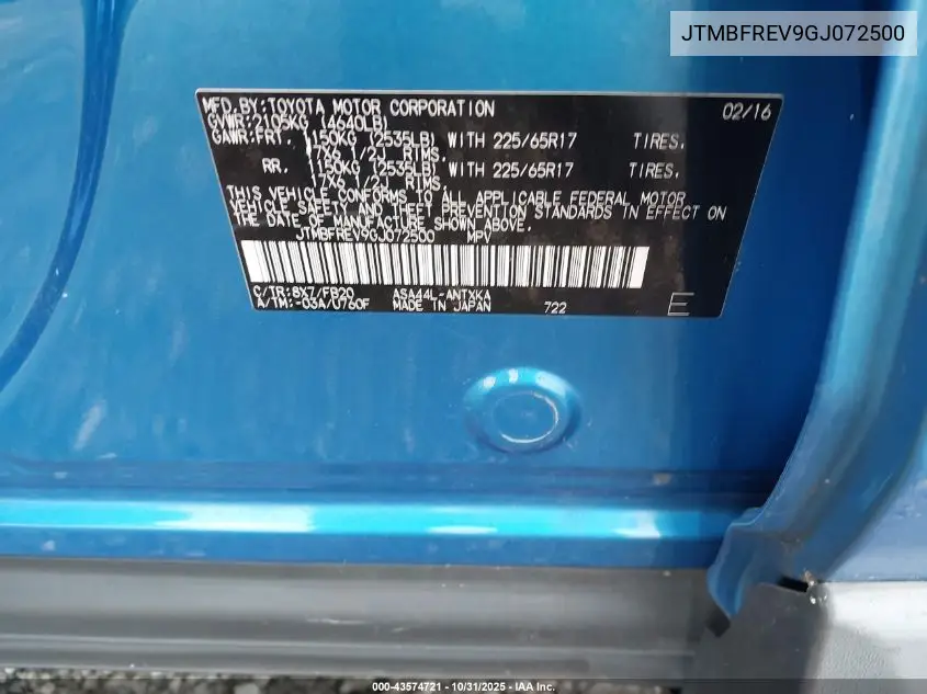 JTMBFREV9GJ072500 2016 Toyota Rav4 Le