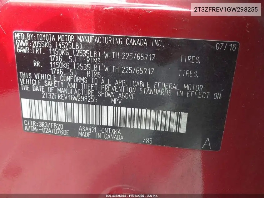 2T3ZFREV1GW298255 2016 Toyota Rav4 Le
