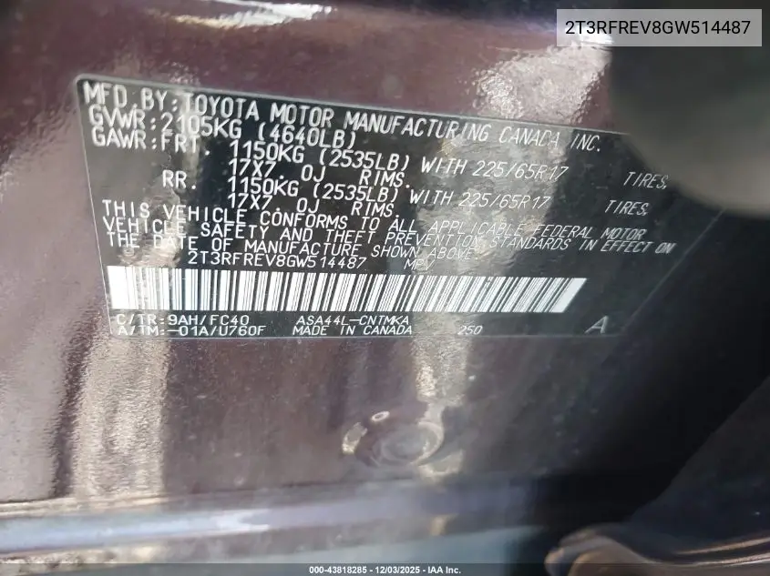 2T3RFREV8GW514487 2016 Toyota Rav4 Xle
