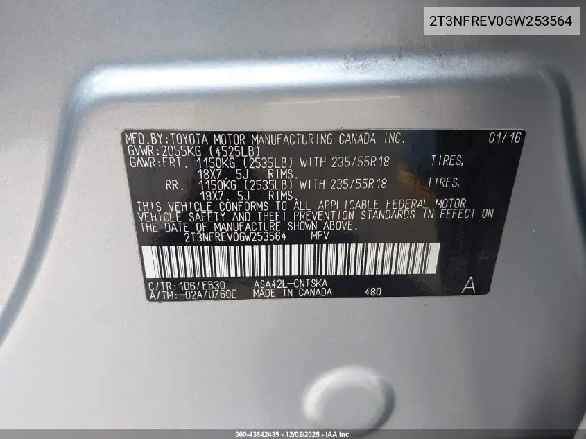 2T3NFREV0GW253564 2016 Toyota Rav4 Se