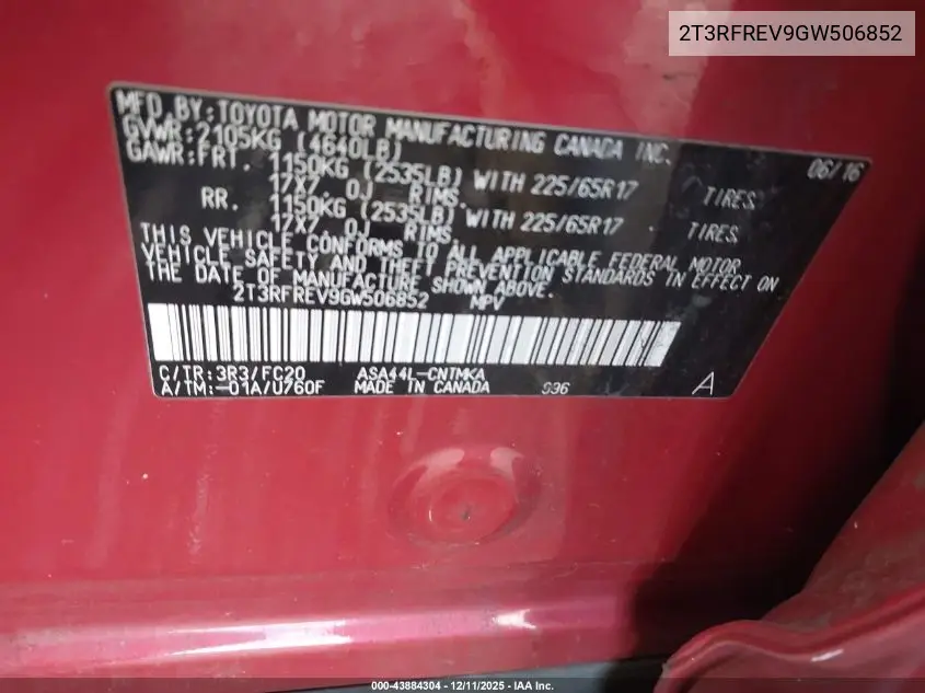 2T3RFREV9GW506852 2016 Toyota Rav4 Xle