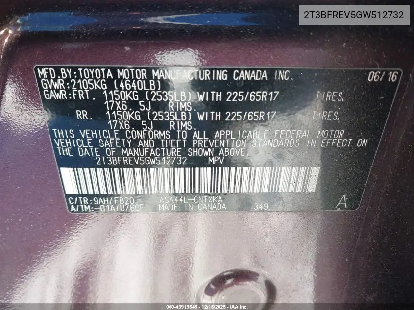 2T3BFREV5GW512732 2016 Toyota Rav4 Le