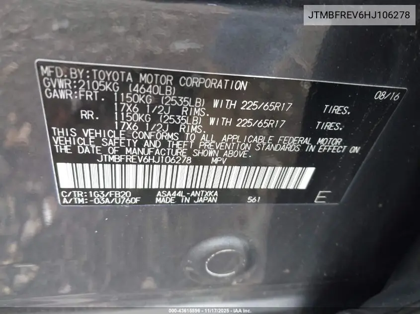 JTMBFREV6HJ106278 2017 Toyota Rav4 Le