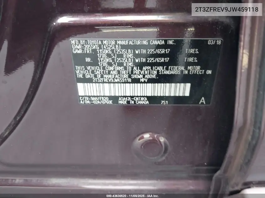 2T3ZFREV9JW459118 2018 Toyota Rav4 Le
