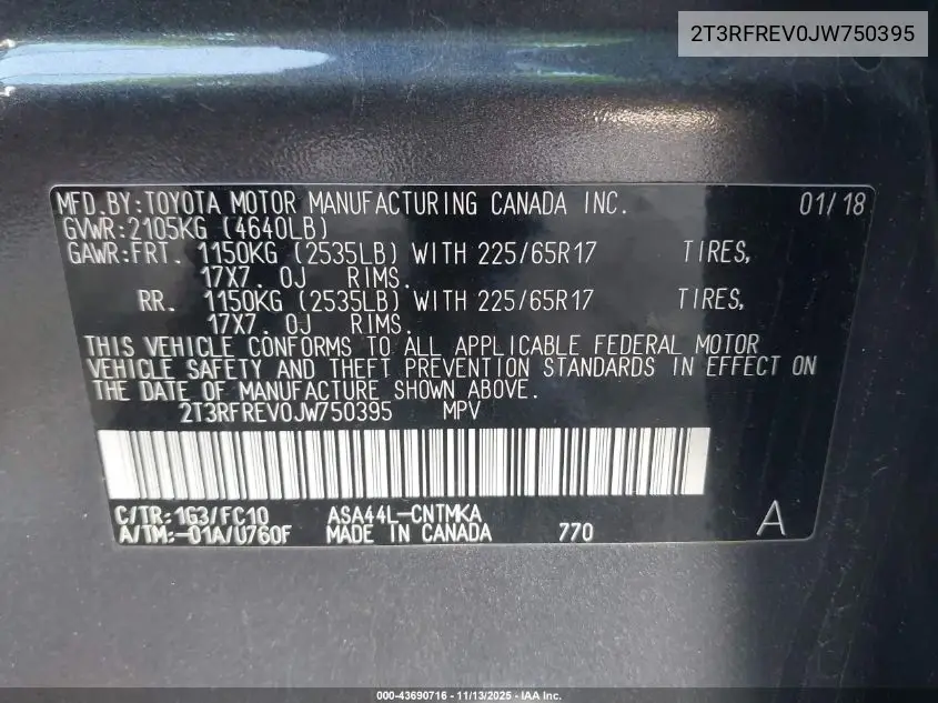2T3RFREV0JW750395 2018 Toyota Rav4 Xle