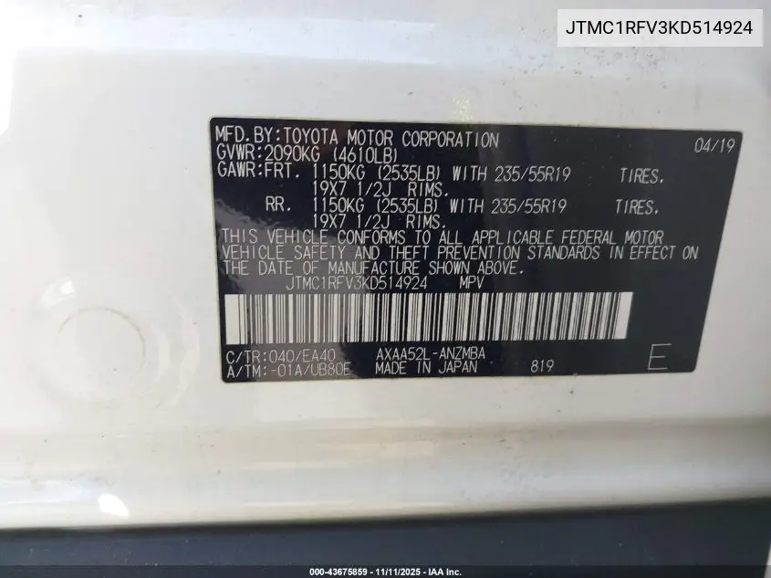 JTMC1RFV3KD514924 2019 Toyota Rav4 Xle Premium