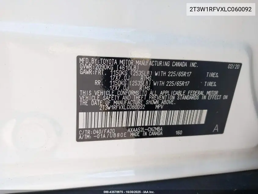 2T3W1RFVXLC060092 2020 Toyota Rav4 Xle