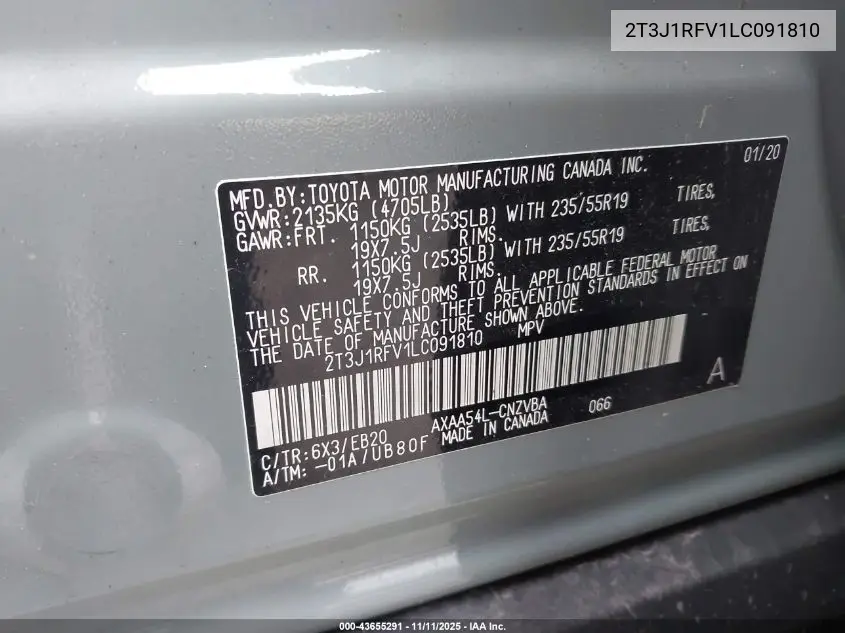 2T3J1RFV1LC091810 2020 Toyota Rav4 Adventure