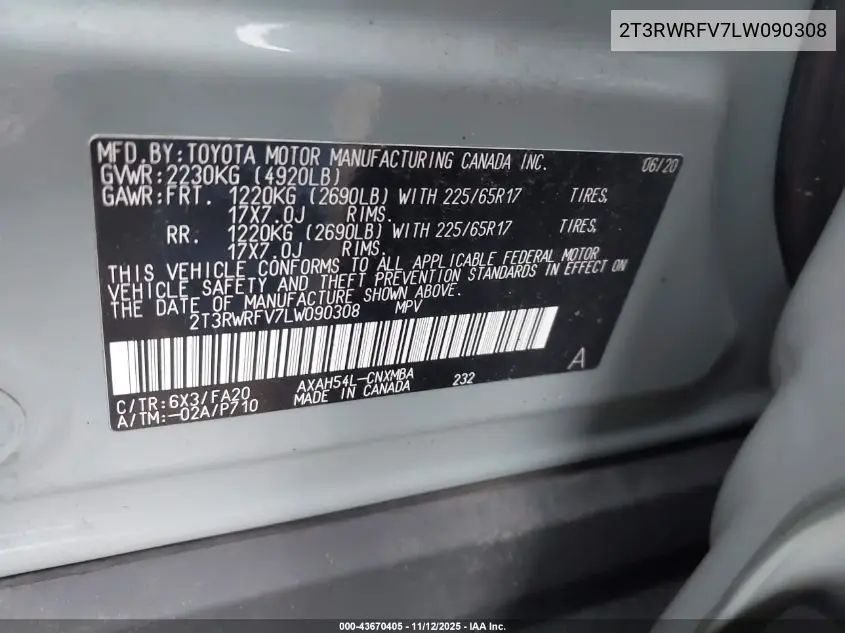 2T3RWRFV7LW090308 2020 Toyota Rav4 Hybrid Xle