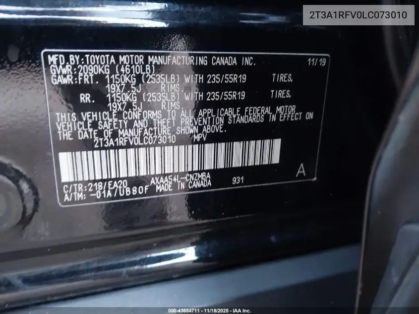 2T3A1RFV0LC073010 2020 Toyota Rav4 Xle Premium
