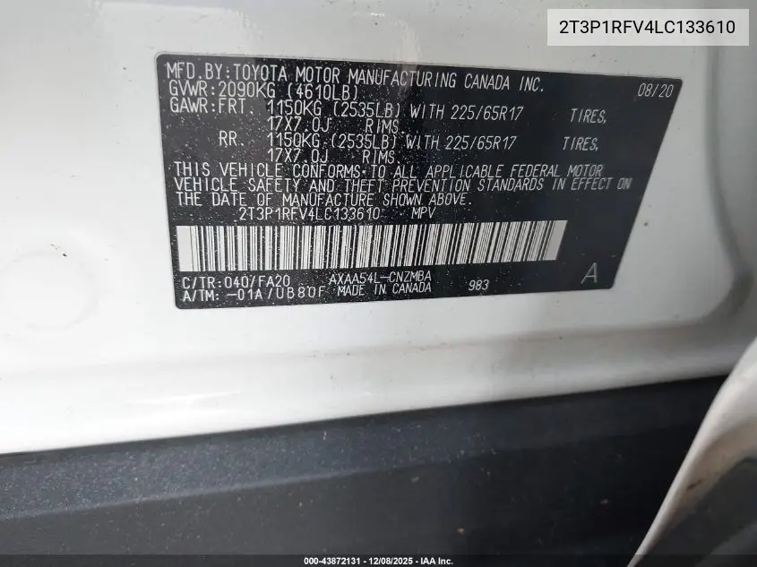 2T3P1RFV4LC133610 2020 Toyota Rav4 Xle
