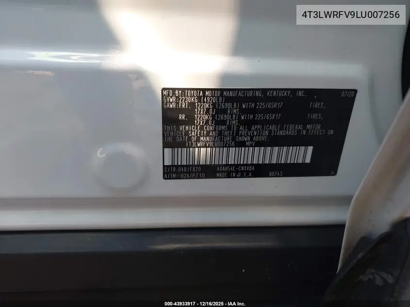 4T3LWRFV9LU007256 2020 Toyota Rav4 Hybrid Le